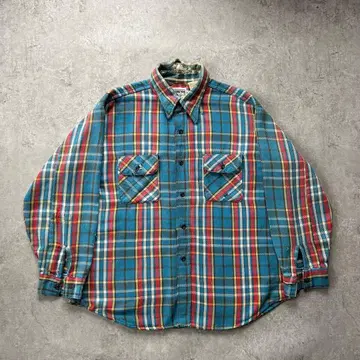 70s 파이브 브라더스 플란넬 셔츠 USA제 2XL 터콰이즈 블루 누더기