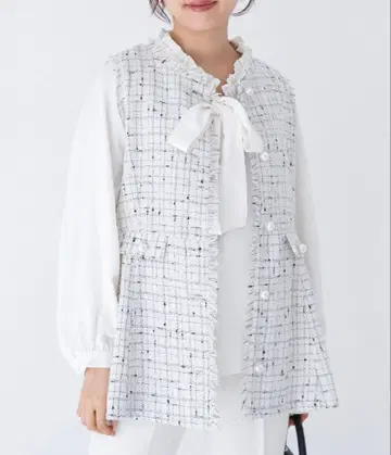 INCEDE 트위드 페플럼 베스트 화이트