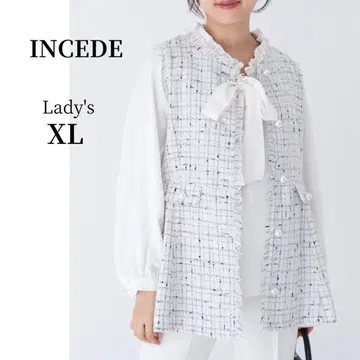 INCEDE 트위드 페플럼 베스트 화이트