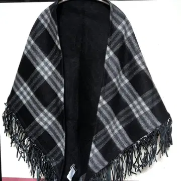 캐시미어 100% 체크 무늬 스톨 소가죽 프린지 부착