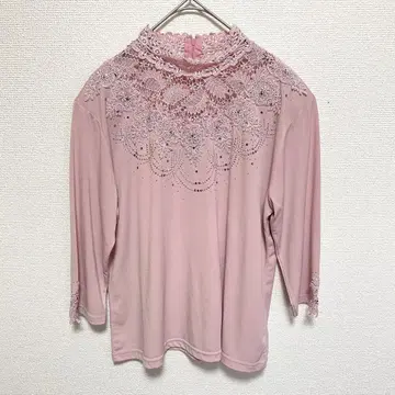 노브랜드 핑크 레이스 장식 하이넥 7부 소매 상의 FREE 사이즈