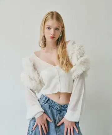 라벨에튀드 퍼숄더 시스루 니트 숏 가디건