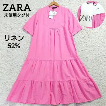 미사용 택 포함 자라 린넨 롱 원피스 A라인 티어드 핑크 L