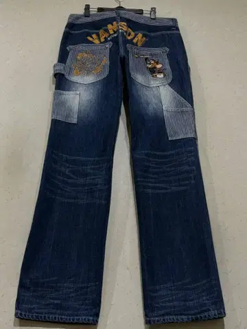 반손 톰과 제리 자수 & 로고 자수 히코리 절개 페인터 데님 팬츠