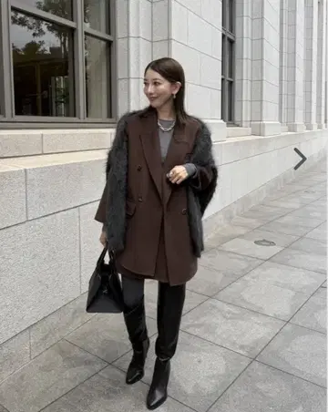 [ 새상품 세트 ] 울 더블 페이스 코트와 미니 스커트 브라운 M 사이즈