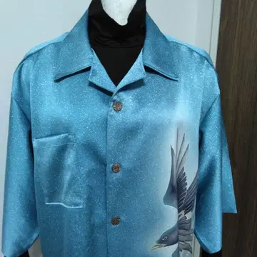 기모노 리메이크 파랑새 프린트 반팔 셔츠