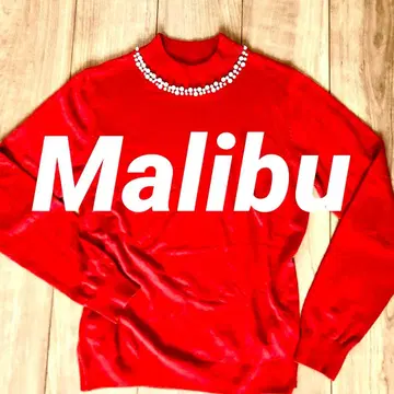 펄 비쥬가 달린 빨간색 긴팔 니트