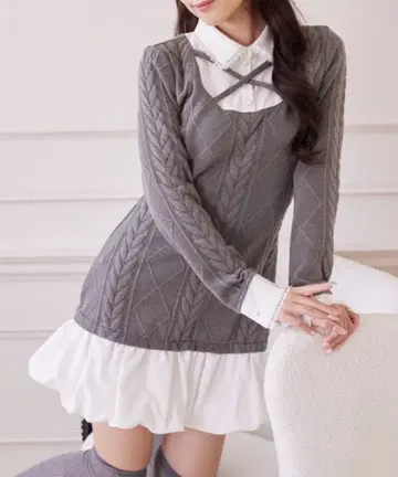 수윤 레이스 장식 셔츠 도킹 벌룬 원피스