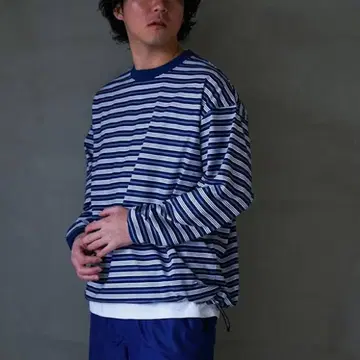 다이와 7부 소매 티셔츠 블루 화이트 스트라이프