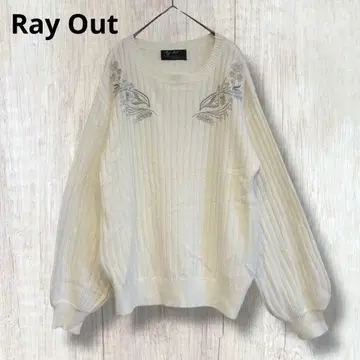 [러그 아웃] 자수 리브 니트 스웨터 볼륨 슬리브 꽃무늬 화이트 L