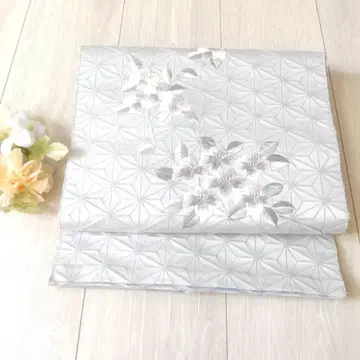 나고야 오비 실버 화이트 꽃 자수 모시잎 문양 차분한 쿨 기모노용 OBI