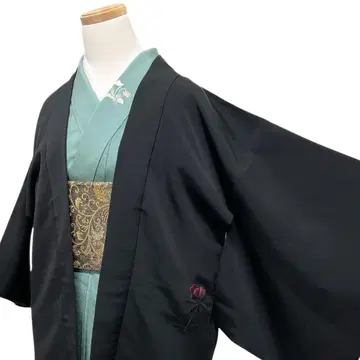 블랙 겉옷 자수 모란 리프 꽃 무늬 기모노 113b d ms