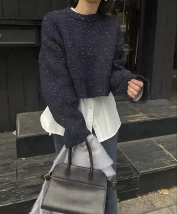 willfully 윌프리 크롭 니트 믹스 니트 네이비