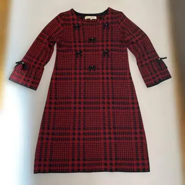 Super Beauty 빨검 체크 7부 소매 원피스 40