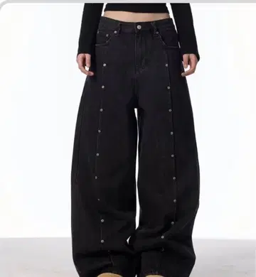 블랙 와이드 팬츠 스냅 버튼 포함 빅 사이즈
