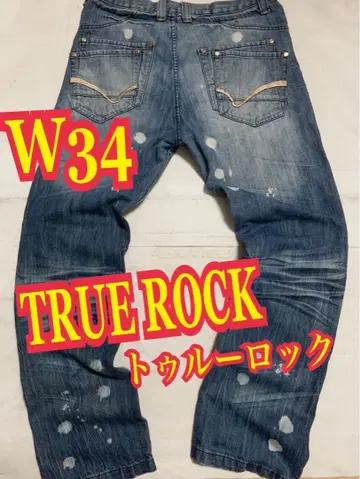 TRUE ROCK 데님 팬츠 청바지 페인트 가공 스트레이트 W34