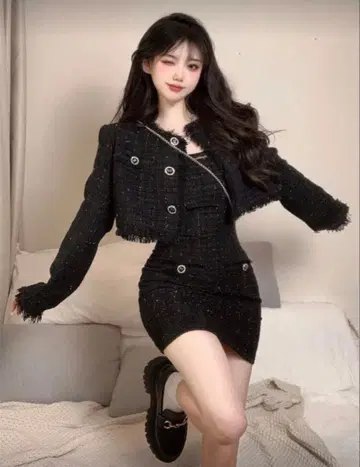 트위드 셋업 왕홍 미니 원피스 블랙 한국