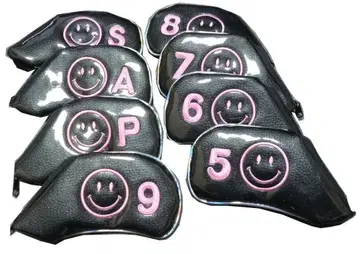 골프 아이언 커버 스마일 [ 5-9, P.A.S ] 8개 세트 블랙/핑크