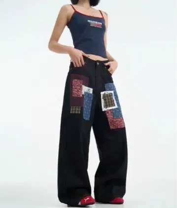 패치워크 블랙 와이드 팬츠