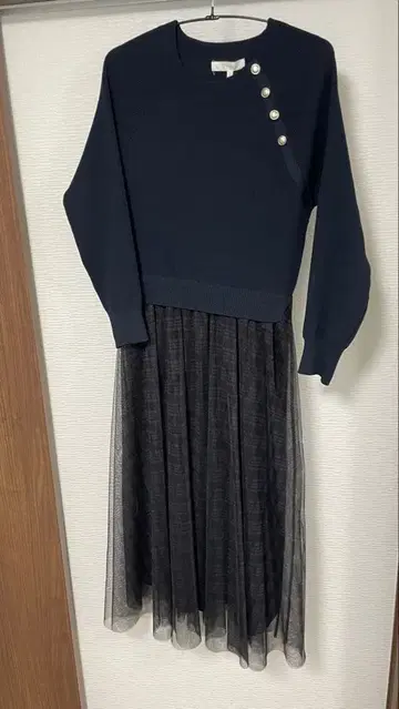 네이비 니트 튤 롱 원피스