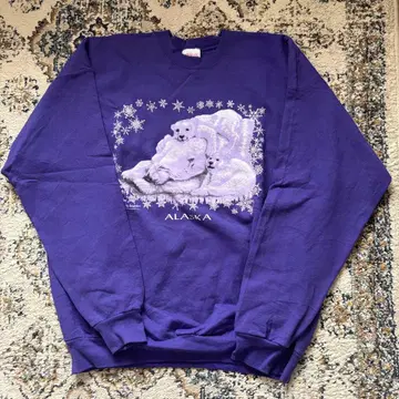 구제 의류 헤인즈 Hanes 애니멀 무늬 맨투맨 북극곰 패턴 퍼플 XL