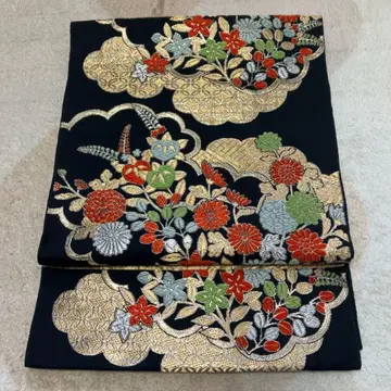 후쿠로 오비 블랙 베이스 구름 무늬 꽃 무늬