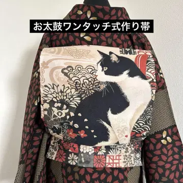 핸드메이드 만들기 오비 태고 원터치식 일본풍 패턴 고양이