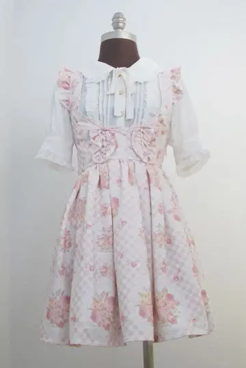 [ LIZ LISA ] 꽃무늬 x 체크 무늬 리본 레이스업 오버롤 스커트