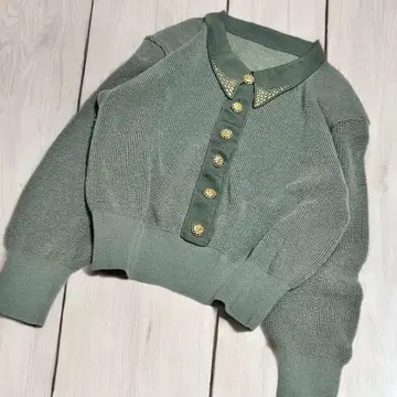 골드 버튼 폴로 옷깃 리브 니트 숏 기장 스터드 그린 캐시미어 혼방
