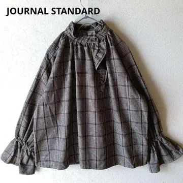 저널 스탠다드 블라우스 체크 면 소재 프릴 넥 루즈핏
