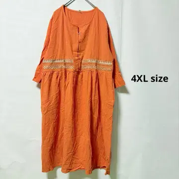 노카라 셔츠 원피스 4XL 오렌지 자수 종아리 기장 7부 소매