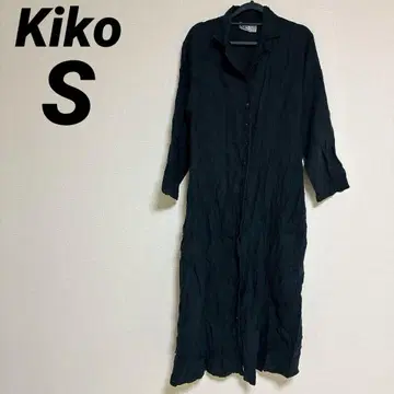 Kiko 100% 린넨 셔츠 원피스 [ S ] 블랙 옷깃 자수 롱 기장