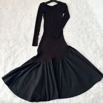 FRAY I.D 비대칭 절개 리브 니트 콤비 원피스 블랙 사이즈 0