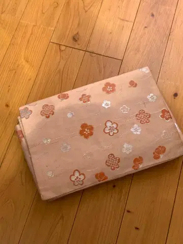 연한 핑크 꽃무늬 자수 후쿠로 오비 기모노 오비