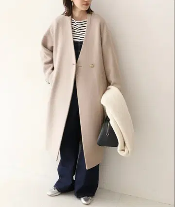 Super100 더블 모사 V넥 노카라 코트 사이즈 36