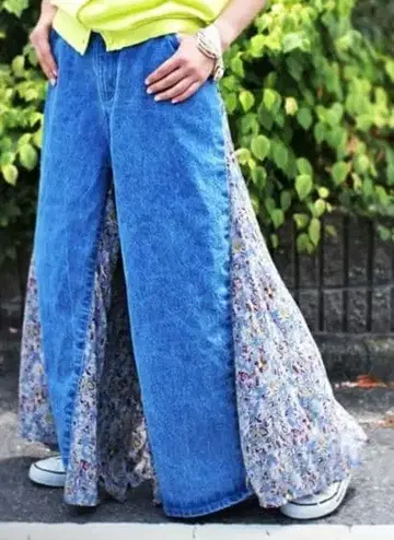 안티카 데님 꽃무늬 와이드 팬츠