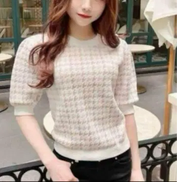 michelle Macaron 미셸 마카롱 하운드투스 체크 패턴 니트탑