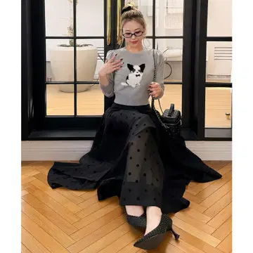 시어 도트 플레어 스커트 블랙 로얄 파티