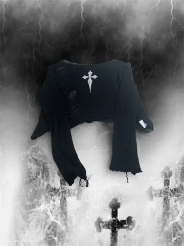 다크코어 블랙 크로스 자수 크롭탑