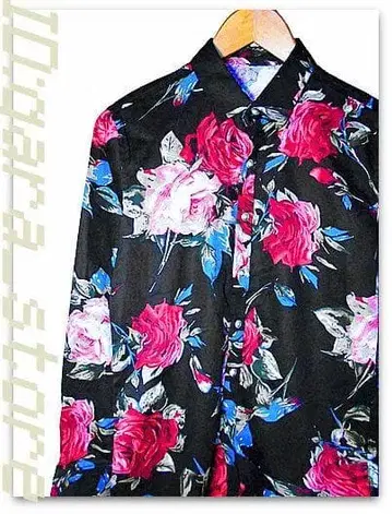 미레이! 블랙 x 레드 x 블루 x 베이지 꽃 올 패턴 아트 셔츠