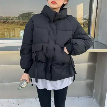 다운 자켓 여성용 미디엄 기장 사이드 리본 블랙