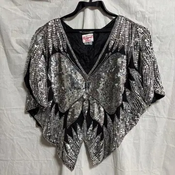 구제 의류 빈티지 나비 모티브 스팽글 상의 어깨 올풀림 있음