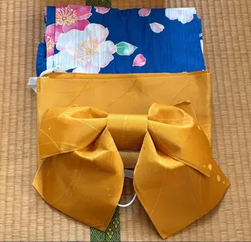 유카타 오비 세트 파랑과 핑크 꽃무늬 골드 컬러