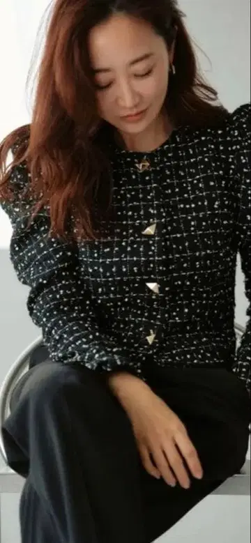 카미사키 메구미 콜라보 노카라 블랙 화이트 트위드 자켓