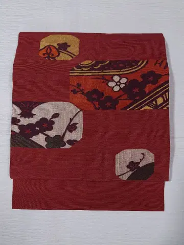 나고야 오비 순수 실크 빨간색 브라운 꽃무늬 기하학 패턴