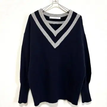 FRAMeWORK 마린 슬리브 니트 울 100% V넥 다크 네이비