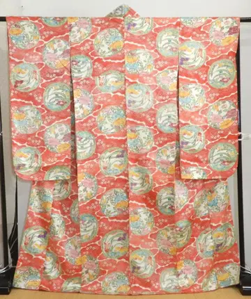 순수 실크 홍가타 후리소데 귀여운 후리소데 안료 손 인쇄