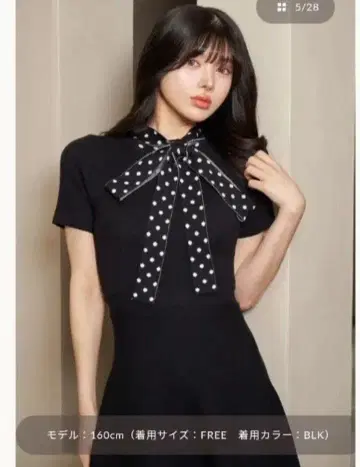 블랙 도트 무늬 리본 니트 원피스