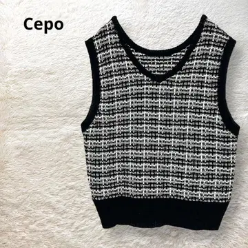Cepo 니트 베스트 V넥 스웨터 체크 무늬 얇은 소재 블랙 M