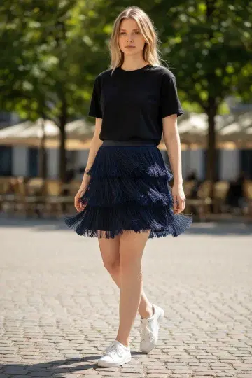 #ICB 온워드 카시야마 네이비 프린지 스커트